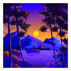 Beautiful landscape nature,mountain,hill, lake, forest on summer,winter season vector illustration background.