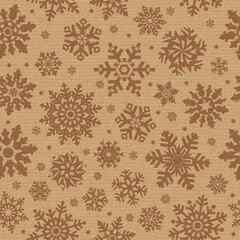 Seamless pattern with snowflake on packing cardboard background.