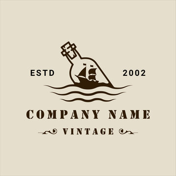 Sailing Ship Inside Bottle Logo Vintage Vector Illustration Template Icon Graphic Design. Retro Sailboat Miniature Concept Sign Or Symbol For Shop Business And Travel Print T-shirt