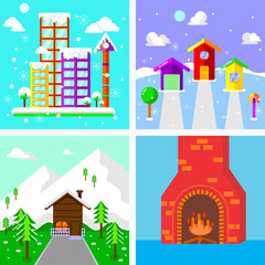 colletion of winter building illustration. town, house, forest and fireplace. with flat, colorful and cheerful style. suitable for greeting card, wallpaper or decoration