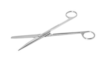 Large Surgical scissors deep etched on white background.