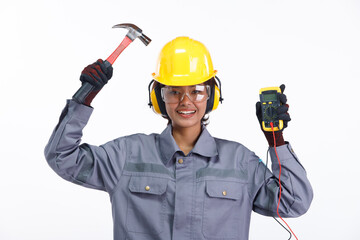 Half body 20s young Asian industry Woman wear hardhat protective gear, show hammer electric checker