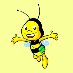 Smiling adorable bee character. Lovely simple design of yellow
