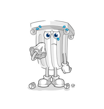 roman pillar cry with a tissue. cartoon mascot vector