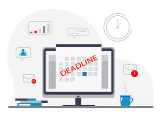 Date and time banner. Computer with a calendar. Flat vector illustration.
