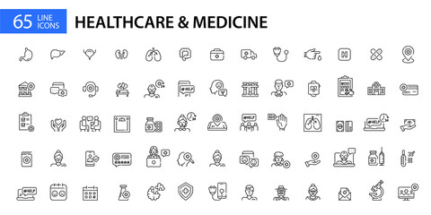 Fototapeta na wymiar 65 Healthcare, hospital and medicine icons. Doctors, human organs, ambulance, insurance etc. Pixel perfect, editable stroke line art. 