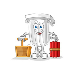 roman pillar holding dynamite detonator. cartoon mascot vector