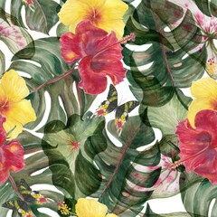 Tropical floral seamless pattern with hibiscus flowers, monstera leaves. Watercolor painting wallpaper - 507408913