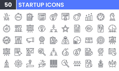 Startup and Creative Business vector line icon set. Contains linear outline icons like Innovation, Rocket, Bulb, Strategy, Target, Growth, Idea, Plan, Solution, Entrepreneur. Editable use and stroke.