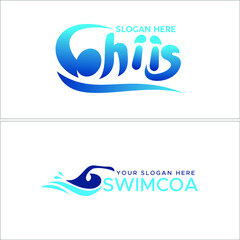 Vector illustration of coach swimming logo template with symbol people swim and splash water art line template isolated on white background