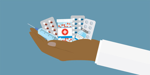 African american pharmacist hand holds various pills. Medical staff gives kit of medicines. Medical care for patient. Stack of drugs. Pharmacy, drugstore, treatment concept. - obrazy, fototapety, plakaty