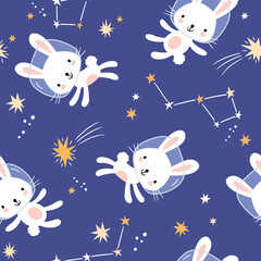 Hand drawn cute space rabbits seamless vector pattern. Perfect for textile, wallpaper or print design.