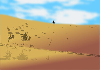 Naklejka na ściany i meble A dessert of under a blue sky, a person is riding on a horse running on the sand, vector