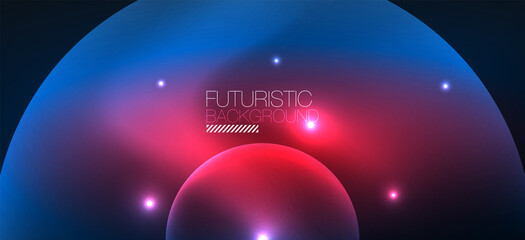 Abstract background with neon glowing light effects. Round shapes, triangles and circles. Wallpaper for concept of AI technology, blockchain, communication, 5G, science, business and technology