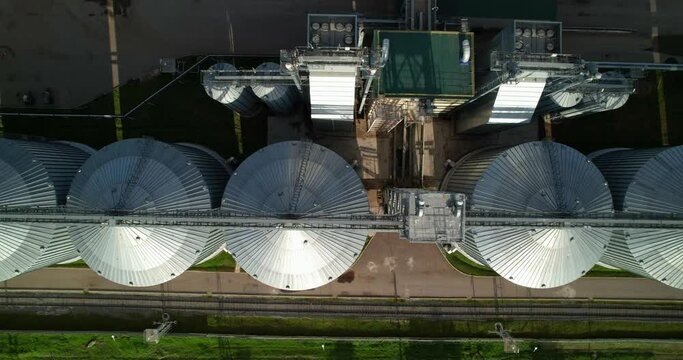 Aerial view of grain storage tanks. Agricultural industry Grain elevator.
