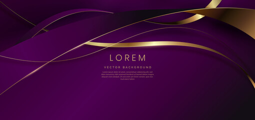 Abstract 3d gold curved ribbon on purple and dark purple background with lighting effect and sparkle with copy space for text. Luxury design style.
