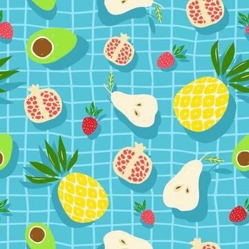 Avocado, pineapple, strawberry, pear, pomegranate seamless pattern for print, fabric and organic, vegan, raw products packaging. Texture for eco and healthy food.