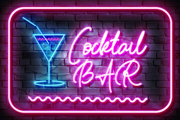 Cocktail Bar Neon Sign on a Dark Brick Wall