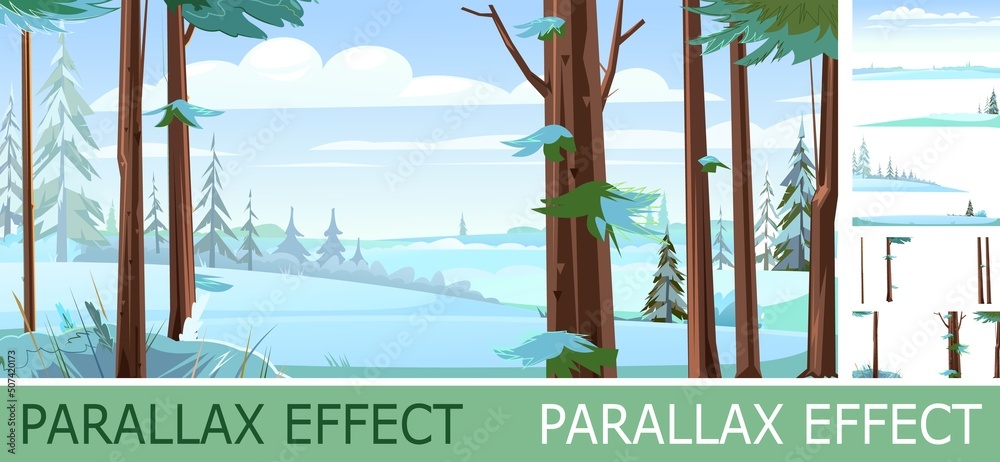 Wall mural winter trees. snow frosty landscape with parallax effect. beautiful forest panorama. pine trunks. il