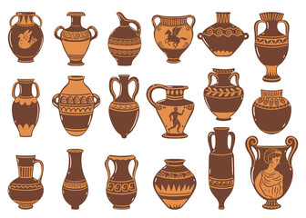 Collection of amphorae isolated on white background. Vector graphics.