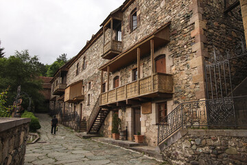 Fototapeta na wymiar Old Sharambeyan Street with wooden building in Dilijan, Armenia