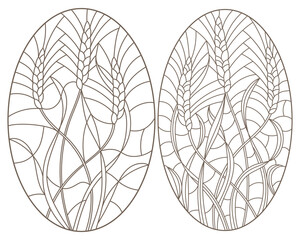 Set of contour illustrations of stained glass with wheat germ, oval images, dark contours on a white background