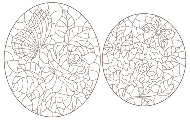 Set of contour illustrations in stained glass style with abstract flowers, dark outlines on a white background