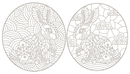 Fototapeta premium A set of contour illustrations in the style of stained glass with cute rabbits, dark contours on a white background