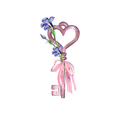 keys tied with a ribbon. watercolor clipart for valentines day. cute keys with beautiful flowers and a bow. Hydrangea. Key illustration of little unicorns. Rainbow princess poster. pink magic