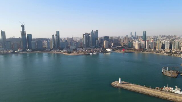 Aerial photography of architectural landscape of Qingdao coastline financial center