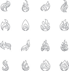 Fire outline flame burn flat vector icon collection set