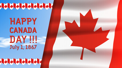Vector holiday poster. Happy Canada Day. Wavy national textured flag with cloverleaf. Congratulatory inscription and 3D pattern of hearts