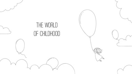 Banner for children, a girl flies on a balloon. For a toy or baby clothing store. Childhood protection
