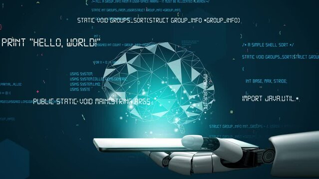 Futuristic robot artificial intelligence revolutionary AI technology development and machine learning concept. Global robotic bionic science research for future of human life. 3D rendering graphic.
