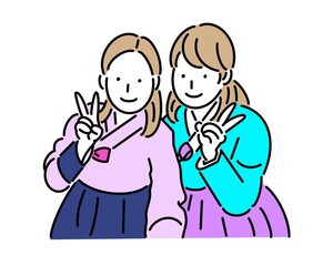 韓国のチマチョゴリを着た2人の女性