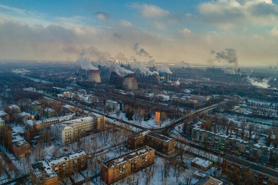 Winter ArcelorMittal Krivoy Rog, Ukraine.
Environmental pollution. Iron production. Blast furnace. Metallurgical plant. View of the large metallurgical plant Krivorozhstal.