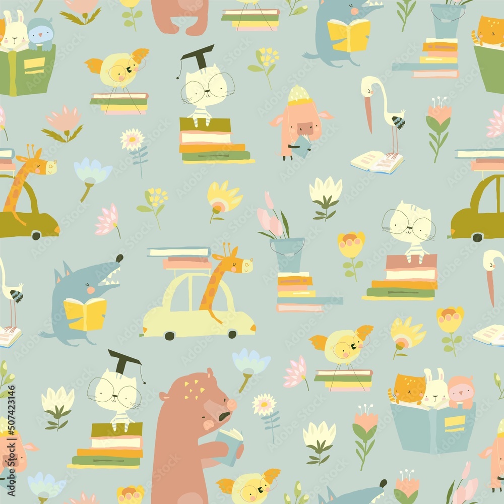 Sticker Seamless Pattern with Cute Cartoon Animals reading Books