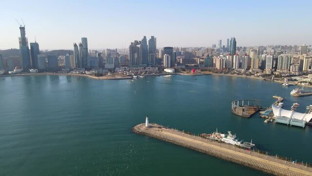 Aerial photography of architectural landscape of Qingdao coastline financial center