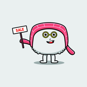 Cute cartoon sushi character holding sale sign designs in concept flat cartoon style