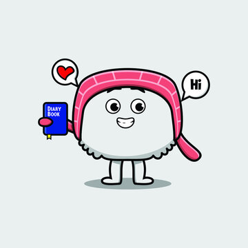 Cute cartoon sushi character holding diary book with happy expression in concept flat cartoon style