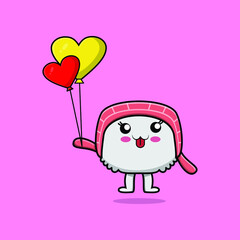 Cute cartoon sushi floating with love balloon cartoon vector illustration 