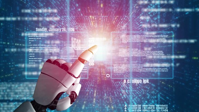 Futuristic robot artificial intelligence revolutionary AI technology development and machine learning concept. Global robotic bionic science research for future of human life. 3D rendering graphic.