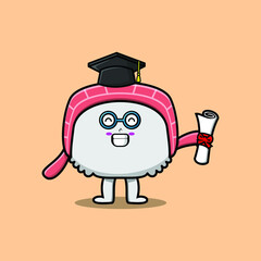 Cute cartoon sushi student character on graduation day with toga in concept flat cartoon style