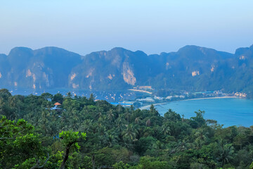 Sunrise over the Phi Phi Don island, Phuket, Thailand, blue hour, horizontal picture, panoramic,...