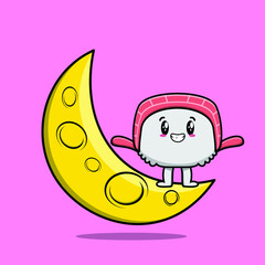 Cute cartoon Sushi character standing on the crescent moon in flat modern design