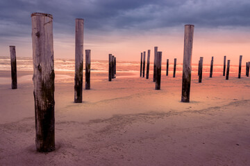 The piles from the sunken village of Petten in the Netherlands on the North Sea