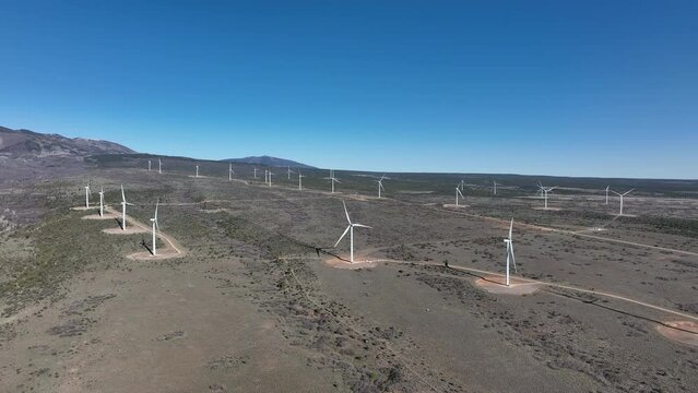 Aerial windmill farm southern Utah rural mountain. Green energy generation and supply by wind power. Settled in July 1887 by pioneers from The Church of Jesus Christ of Latter-day Saints.