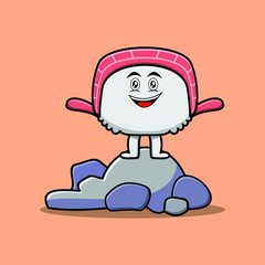 Cute cartoon sushi character standing in stone vector illustration in concept flat cartoon style