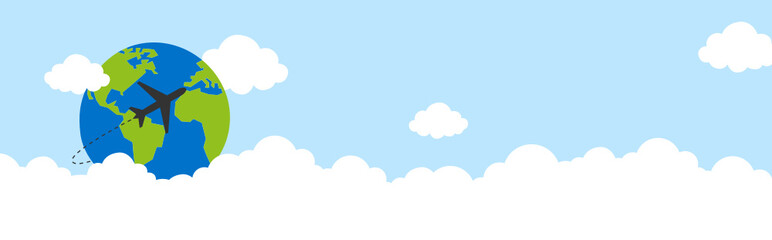 Header with plane flying around the world on the sky with clouds