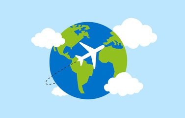 Airplane flying around the world on the sky with clouds